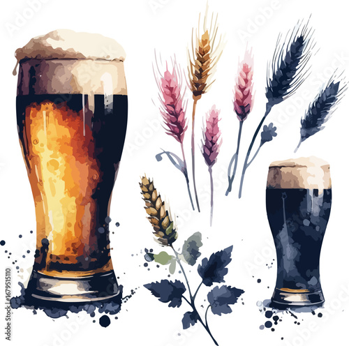 Watercolor Beer Glasses and Wheat Ears Illustration Craft Beer Concept Oktoberfest Design Ale Lager Dark Beer Brew Isolated on White Background