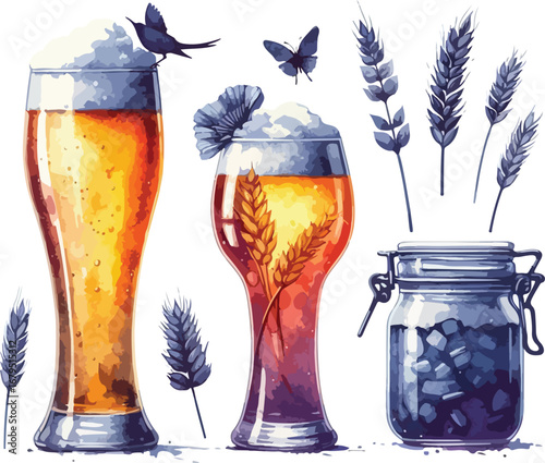 Watercolor Beer Glasses with Wheat Stalks and Bird Butterfly Accents on White Background Artistic Illustration and Craft Beer Design