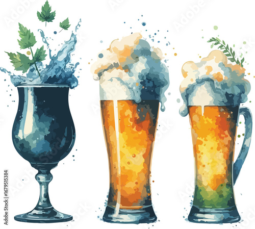 Watercolor Beer Illustration Featuring Three Different Glasses Showcasing Craft Beer and Refreshing Beverages Perfect for Pubs and Breweries Advertising