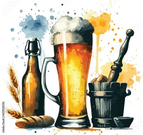 Watercolor Beer Illustration with a Mug Bottle Bread and Bucket for Octoberfest Celebration with Decorative Splashes and Festive Elements