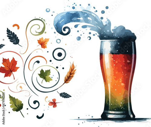 Watercolor Beer Illustration with Autumnal Elements and Frothy Head Celebrating Craft Brews and Seasonal Flavors