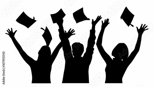 Silhouette of three people throwing papers in the air with arms raised in celebration and excitement | editable eps vectors