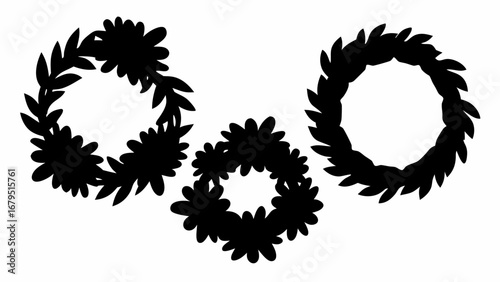 Silhouette depiction of three floral wreaths with varying leaf and flower arrangements shown together | editable eps vectors