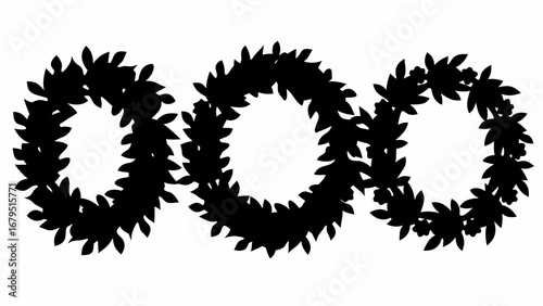 Three interconnected wreaths made of leaves and flowers in a black silhouette against a white background | editable eps vectors