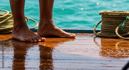 Bare Feet on Wet Wooden Deck with Rope and Turquoise Sea in Background