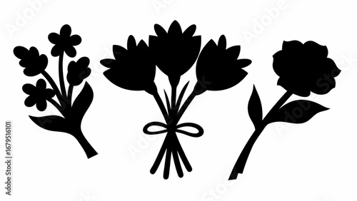Silhouette illustration of three floral arrangements featuring different flower types and styles design | editable eps vectors