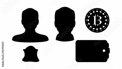 Silhouettes of two people, a bitcoin, a wallet, and a bell on a white background are displayed | editable eps vectors