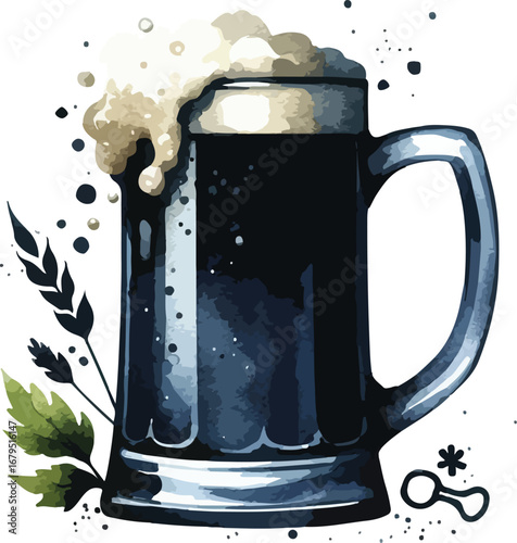 Watercolor Beer Mug Illustration with Frothy Head and Decorative Flourishes for Craft Beverage Concepts and Celebratory Themes