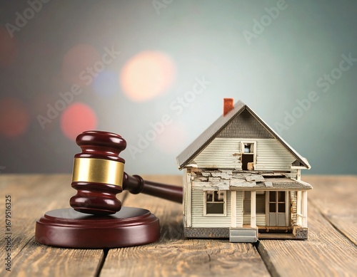 Damaged house and gavel on a wooden table