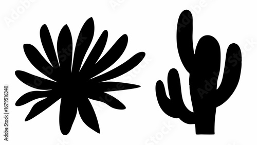 Illustration of a flower with elongated petals and a three branched cactus in solid black silhouette | editable eps vectors