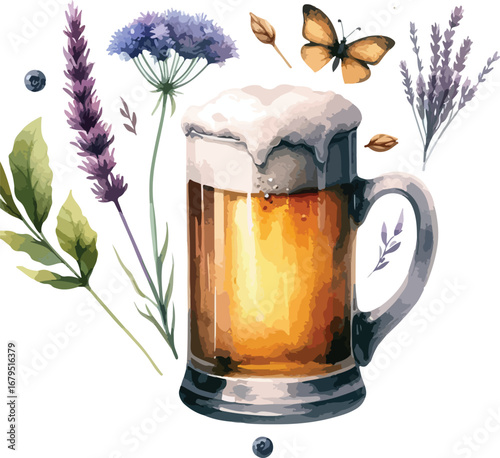 Watercolor Beer Mug Illustration with Lavender Butterfly and Wheat Design for Summer Celebrations