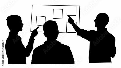 Three people pointing at a board with squares in silhouette against a white background in an office space | editable eps vectors