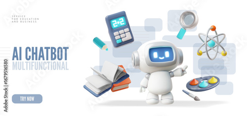 Service for education and business 3D vector banner, AI Chat bot robot assistance, art, science, Artificial intelligence