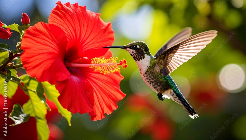 Fototapeta premium Vibrant hummingbird hovers near a crimson hibiscus flower