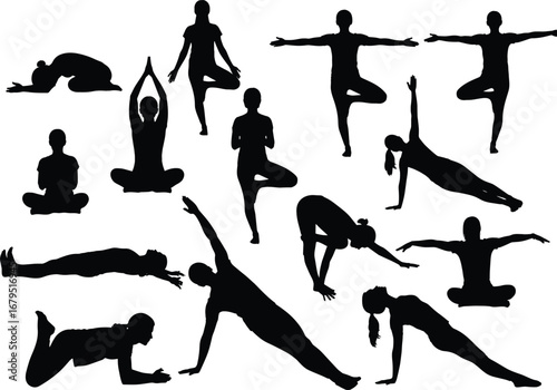 Yoga silhouette collection, meditation poses, fitness exercise illustration, stretching body postures, wellness training, spiritual practice, healthy lifestyle, balance mind body