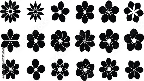 "Black Geometric Floral Icons – 18 Symmetrical Petal Variants for Minimalist Design & Pattern Study"