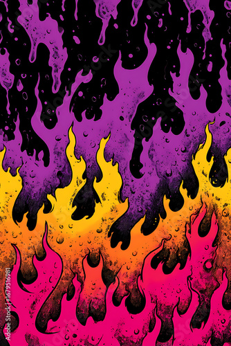 Vibrant abstract flames in shades of purple, orange, and pink with a textured background