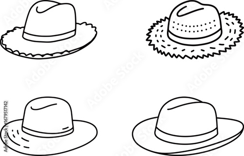 Set of different summer hats. Four black and white vector line art illustrations of straw hats and sun hats, perfect for fashion, beach, or travel-themed designs.
