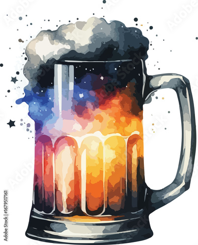 Watercolor Beer Mug with Galaxy Inspired Fill and Dark Cloudy Foam Head Illustration Art