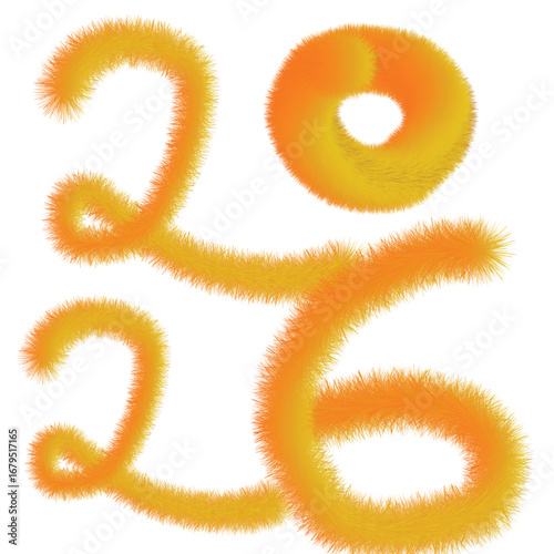 A fuzzy textured graphic displaying the numbers 2026 in a vibrant orange and yellow gradient, isolated on a white background.