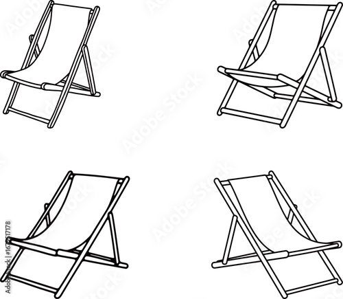 Set of black and white deck chair illustrations. Four unique vector line drawings of beach or lounge chairs, perfect for summer, vacation, travel, or leisure-themed designs.
