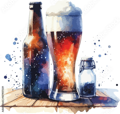 Watercolor Beer Still Life Featuring Glass and Bottles on Wooden Surface Depicting Brewery or Bar Scene