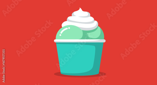 Refreshing green mint frappe or smoothie topped with whipped cream in a teal cup on red background