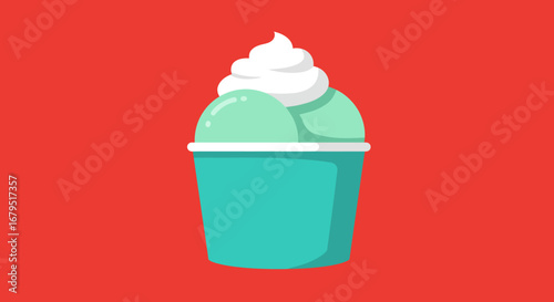 Refreshing mint green frozen drink with whipped cream topping in a clear cup on a red background
