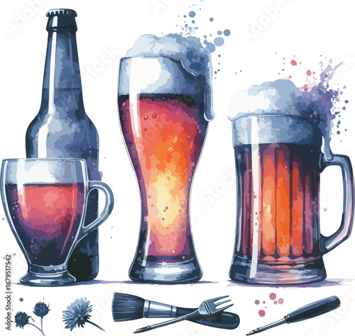 Watercolor Beer Still Life with Glasses Mugs and Bottle Featuring Unique Artistic Tools and Floral Elements Presentation