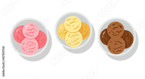 Three bowls of colorful ice cream scoops including strawberry vanilla and chocolate flavors on a white background