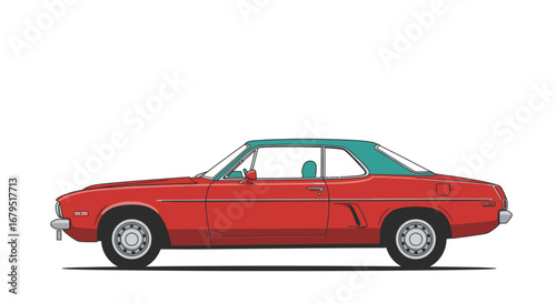 Classic red convertible sports car with a teal soft top viewed from the side against a white background