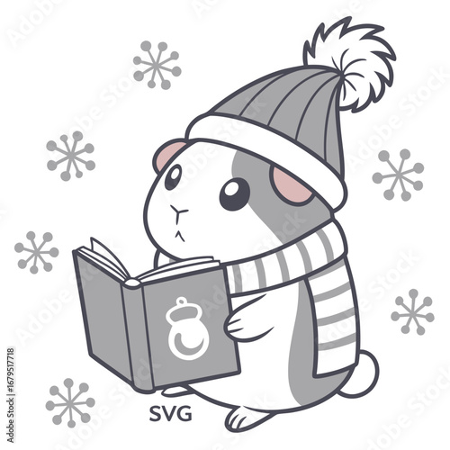 Cute Grumpy Guinea pig, accessorized with reading a book, in a Cozy winter world – Frosty Winter palette vector