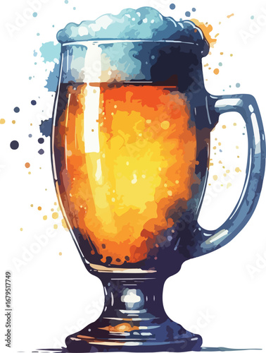 Watercolor Illustration of a Beer Mug Filled with Refreshing Golden Lager Ideal for Summer Celebrations and Oktoberfest Festivities Artwork