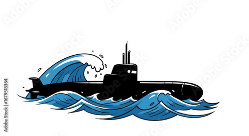 Powerful black submarine navigating through rough stormy ocean waves and turbulent blue water