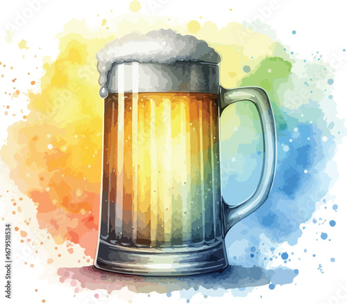 Watercolor illustration of a frothy beer mug refreshing and festive perfect for celebrating occasions and happy hour vibes artwork with colorful splashes