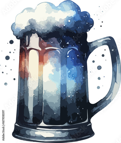 Watercolor Illustration of a Frothy Beer Mug with Dark Blue and White Colors Perfect for Festive Celebrations and Events