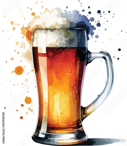 Watercolor Illustration of a Full Beer Mug with Foam and Splatters Ideal for Oktoberfest Celebrations and Craft Beer Promotions