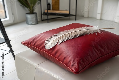 red velvet pillow, a feather on pillow, red pillow, feather