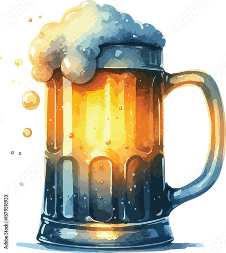Watercolor Illustration of a Full Beer Mug with Frothy Head and Golden Liquid Perfect for Refreshment and Celebration Concepts