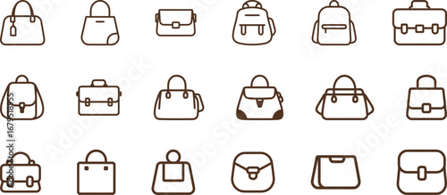 A diverse set of handbag icons for various styles and uses. Shoulder bag, backpack, briefcase and clutch