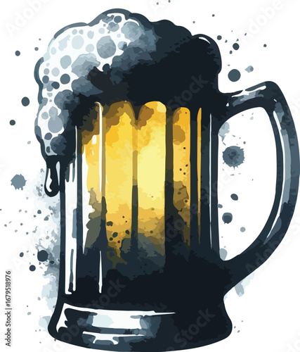 Watercolor Illustration of a Full Beer Mug with Overflowing Foam and Splatter Background on White A Refreshing and Celebratory Image