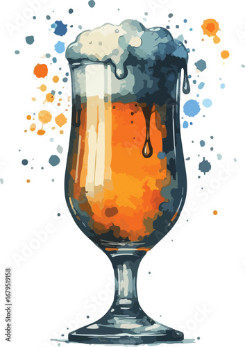 Watercolor Illustration of a Glass of Beer with Frothy Head and Colorful Splatters Artistic Presentation of Refreshing Beverage
