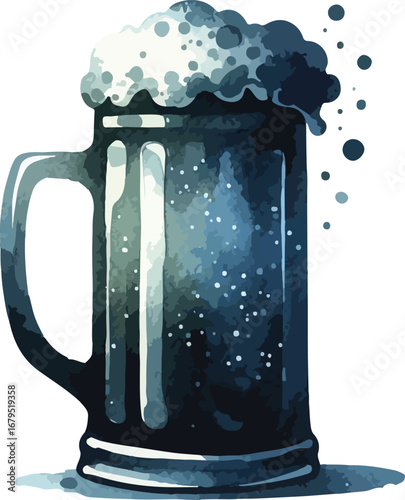 Watercolor Illustration of a Mug of Beer with Frothy Head Cold Refreshment Brew