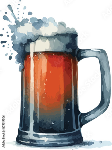 Watercolor Illustration of a Refreshing Beer Mug Overflowing with Frothy Foam for Advertising and Celebration