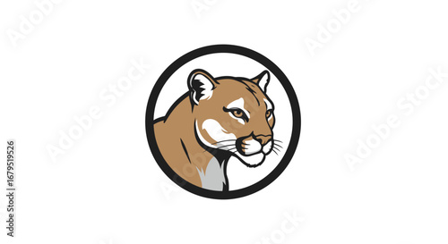 Majestic cougar head profile in oval frame emblem logo design on white background