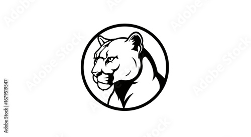 Stylized black and white oval illustration of a proud cougar s head in profile facing left