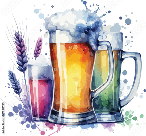 Watercolor Illustration of Assorted Beer Mugs with Wheat Stalks and Artistic Splashes for Bar and Brewery Promotion