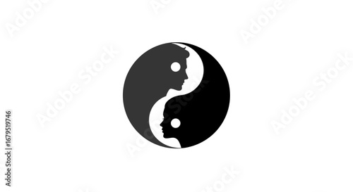 Abstract yin yang symbol formed by two contrasting human profiles representing balance and duality
