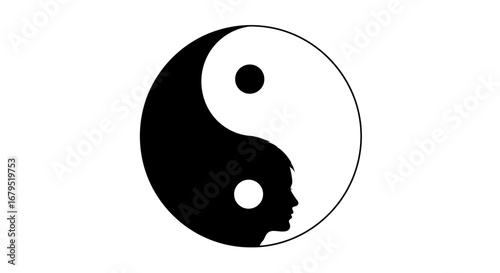 Yin yang symbol integrated with silhouette of a human head representing balance and duality of mind