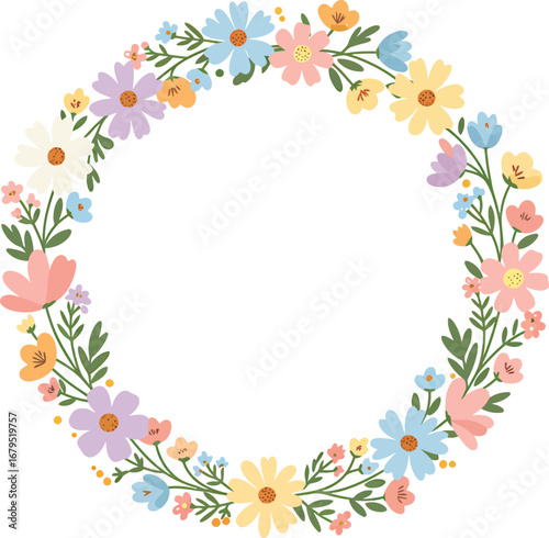 Colorful Floral Wreath with Blank Center – Circular Botanical Frame for Invitations & Decorative Art